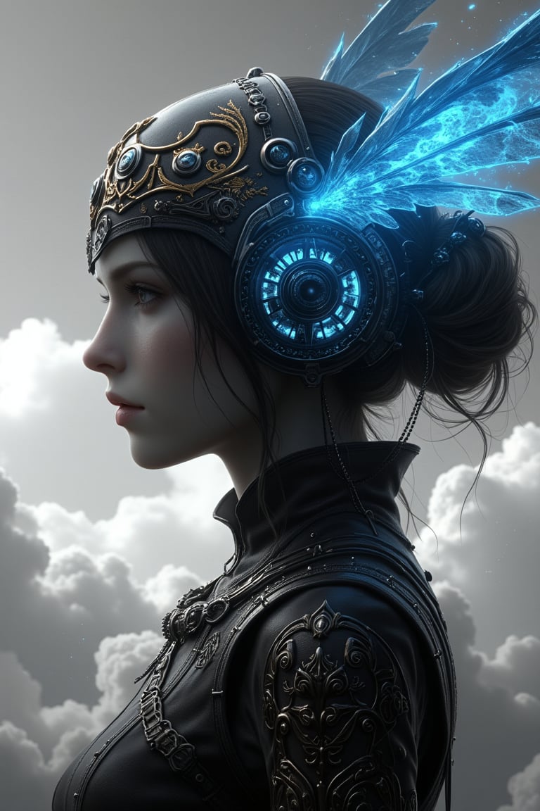 This is a highly detailed digital artwork in a futuristic, fantasy style. The central subject is a woman with fair skin and a slender build, depicted in profile facing left. They are adorned with an elaborate, ornate headpiece that resembles a crown or helmet, featuring intricate designs and metallic textures. The headpiece is predominantly black, with gold and silver accents, and includes a pair of large, wing-like structures on the sides, giving it a regal and mystical appearance. The person is also wearing large, over-the-ear headphones with glowing blue lights and intricate patterns, which emit blue energy that flows and arcs around them, adding a dynamic and futuristic element to the composition. The background is a black and white, high-contrast scene, filled with fluffy, ethereal clouds that create a sense of depth and movement. The clouds are rendered in a realistic yet stylized manner, with subtle gradients and shadows. The overall color palette is monochromatic, with the blue energy and metallic elements standing out vividly against the stark background. The image conveys a sense of otherworldly beauty and technological sophistication, blending elements of fantasy and science fiction.