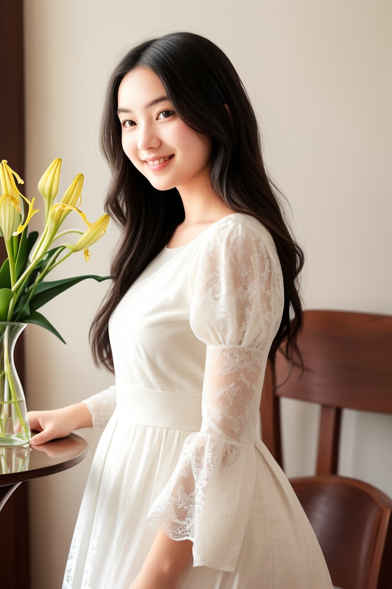 A young woman, charming, attractive face, shown in upper body view, wearing a white lace dress with puffed sleeves. Her long, dark hair flows freely. She is in a slightly bowed posture, with a trumpet lily vase on the table in front of her. The composition of the young woman and the flower vase follows the golden ratio, creating a visually pleasing arrangement. The soft lighting is sufficient to clearly see the woman's face, which has a serene, gentle smile. A soft shadow is cast on the wall behind her.