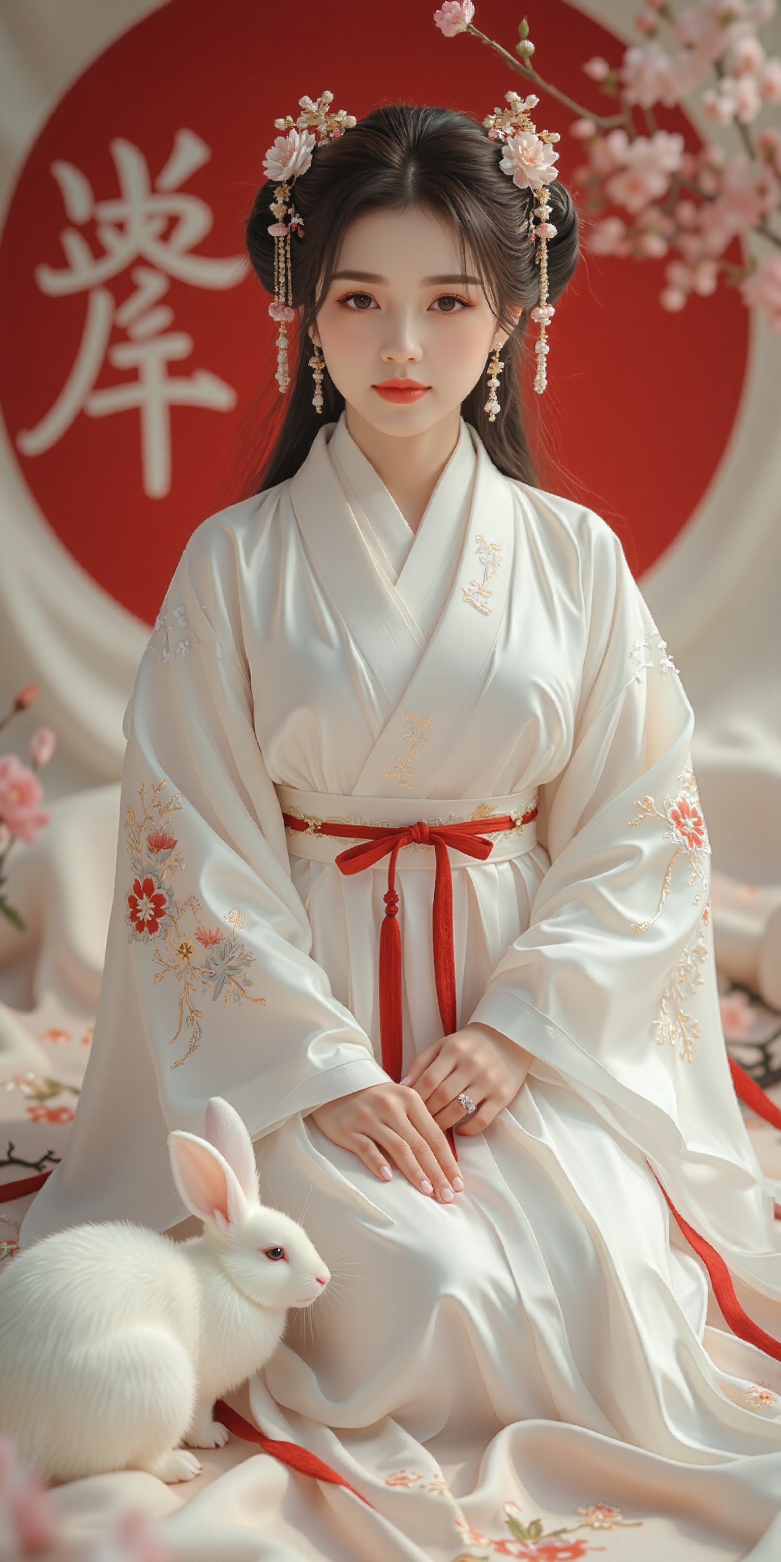 A young woman in a beautiful white kimono sits on a soft, patterned fabric. She is adorned with delicate floral hair ornaments and a red tassel hangs from her waist. Her expression is serene and elegant, her gaze directed towards the viewer. A white rabbit sits beside her, adding a touch of innocence and charm to the scene. The background features a large red circle and a traditional Chinese character, creating a sense of cultural richness and mystique. [Photorealistic portrait, inspired by the works of Annie Leibovitz and Steve McCurry], [Soft, natural light, focus on the woman's face and her elegant pose, blurred background with a sense of depth, textured surfaces, a sense of cultural heritage and beauty], Hanfu, KOLNB, Ahri,Eroflo