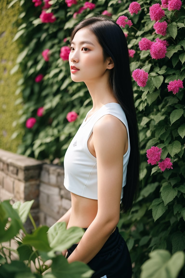 Raw photo, realistic, 1 girl, sporty, croptop, sport pants, cap, long straight hair, lean, looking at viewer, side angle, photography, light from above, sun light, dim lit, garden, flowers and sunlight, old wall castle, medieval wall, (asian beauty), hot model, best face, pretty, beautiful, 