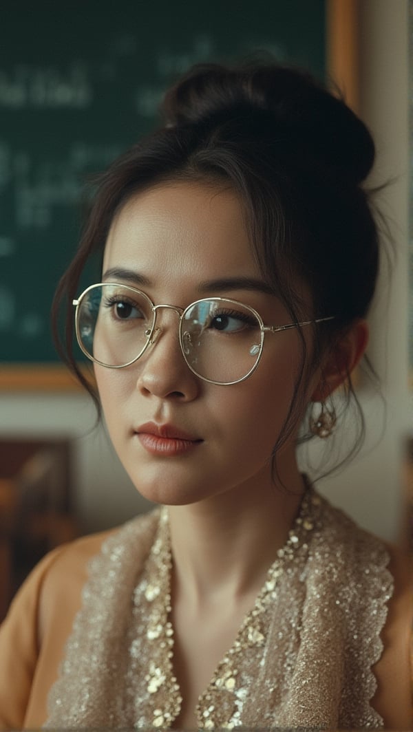 raw photo, photography, 35 mm, (cowboy shot), straight and front view of a woman, beautìul face, (luxurous woman:1.2), (40 years old), teacher, fashion and luxury elegant outfit, fashion glasses, hair bun, black hair, blackboard classroom background, natural light, upper body,PTAIAsianBeauty