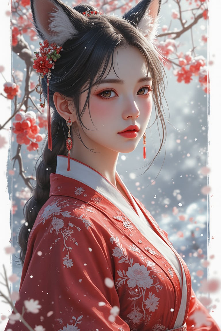 woman, (upper body:1.3), portrait, (snicker design with white border:1.2), dark red and white, (serene:1.2), (detailed outfit), (snow fall on the glass background:1.2), (fox tail), grape, intricate, masterpiece, (2D illustrator:1.2), best quality, highres, girly color, (highly detail).,Hanfu