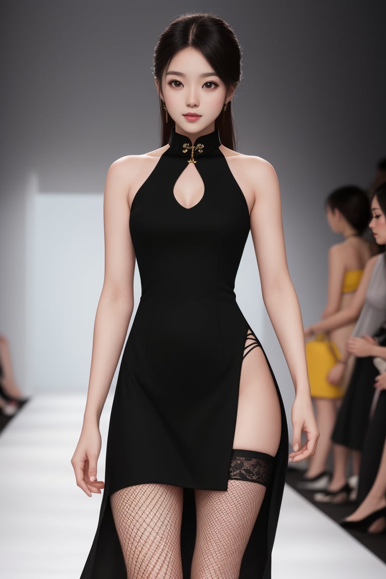 , masterpiece, best quality, highres, uhd, 8k, hyper realistic,
fashion model, body-con dress, fishnet stockings, posing, fashion photoshoot, sleeveless black dress, Chinese collar dress, backlighting, catwalk, long leg, thin leg, slim,
JinxKaryln