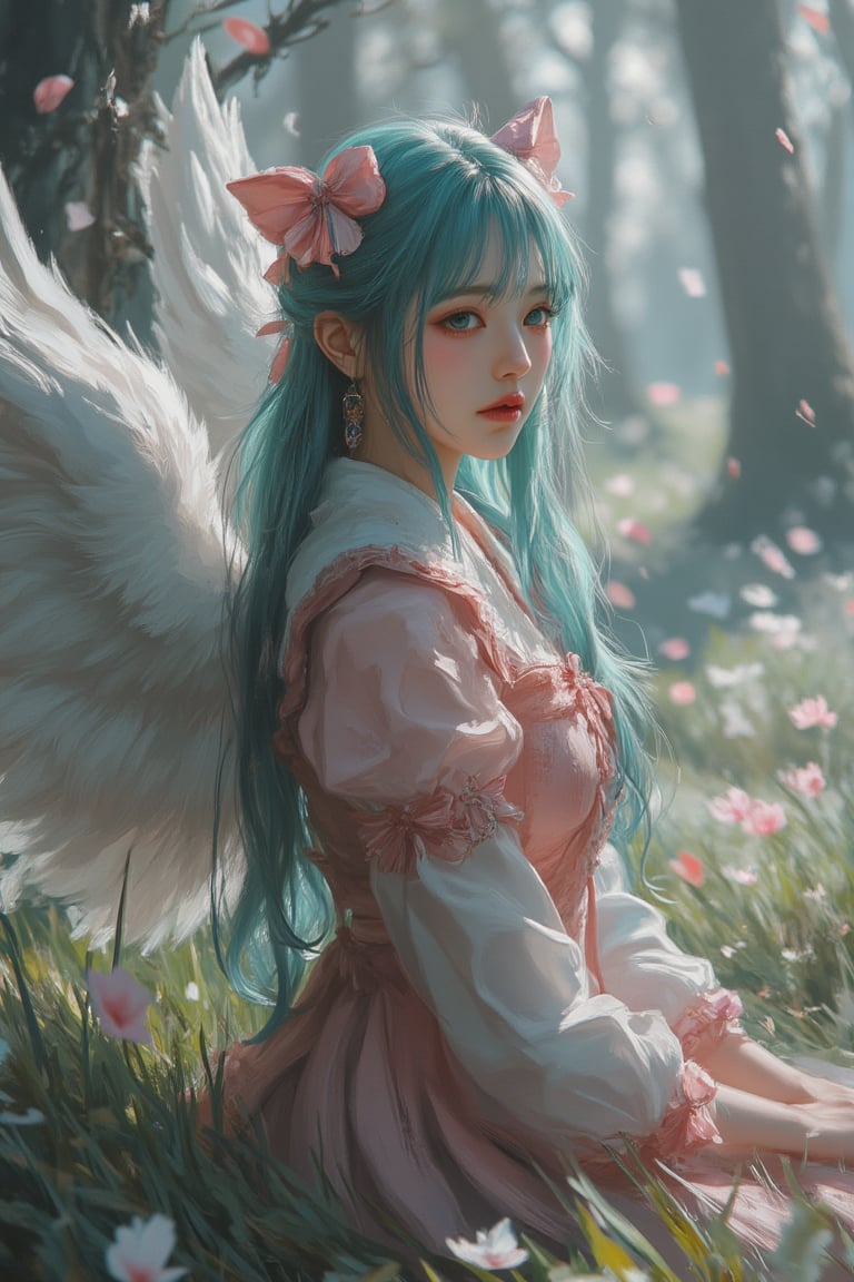 young woman,JWY,  woman, puffed dress, angel wings, side angle, (full body), sit, grass, forest, sunlight, cyan hair, fantasy art, fatasy theme, bow head, sad face