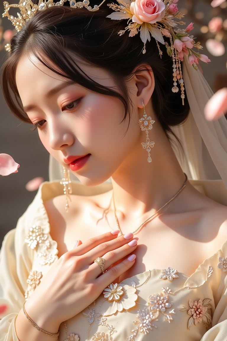 Photorealistic, cinematic, (side light:1.3), close up portrait, a woman, lie, (hand on chest:1.2), petals, rose decoration, whitw ren dress, veil, hair ornament, intricate carving jewelry, choker, ribbons, necklace, bracelet, jewelry headband, soft shadow, KOLNB,Hanfu