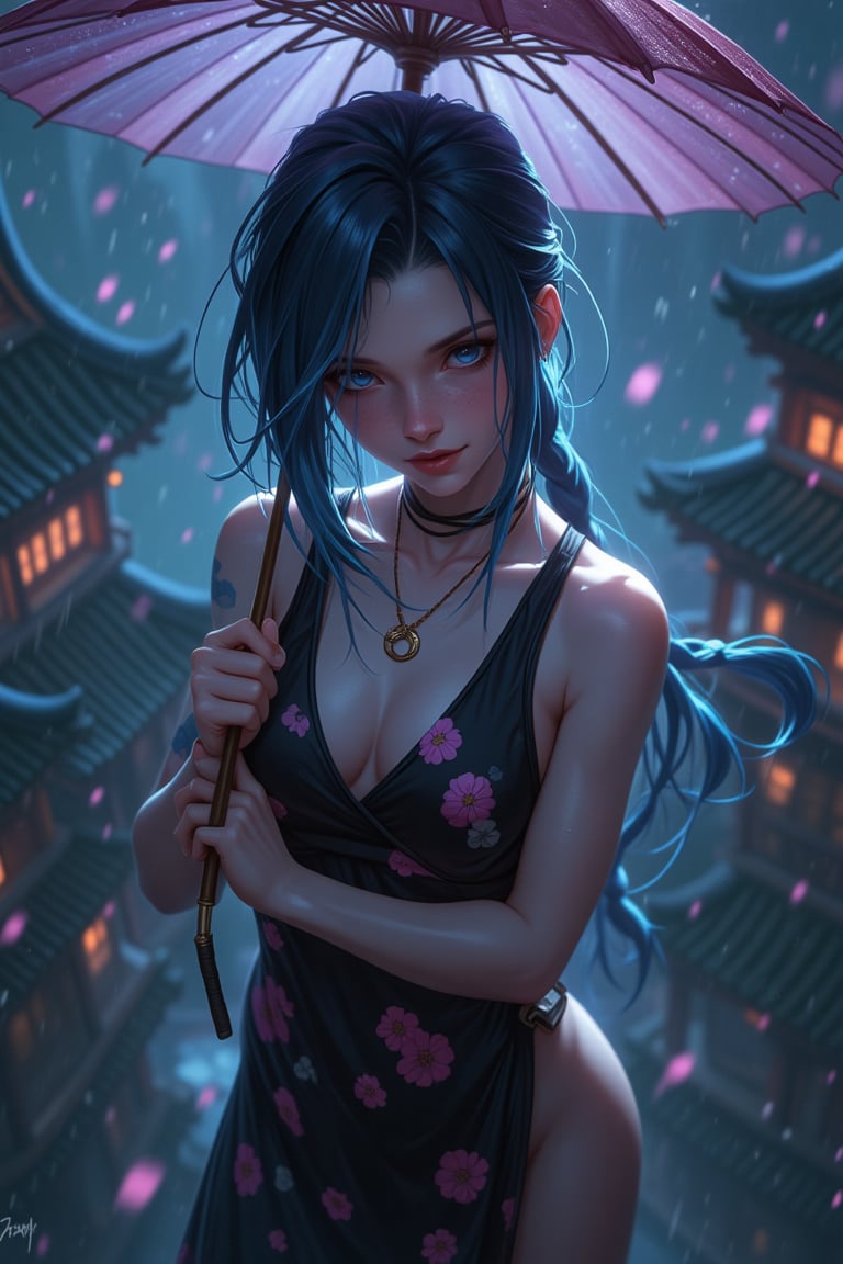 JinxKaryln, Jinx league of legends, view from above, japanese umbrella, rain, dark night, chinese bodycon dress, blossom, abyss, chinese temple, cloud, foggy, gloomy, upper body, (portrait:1.2), pretty face