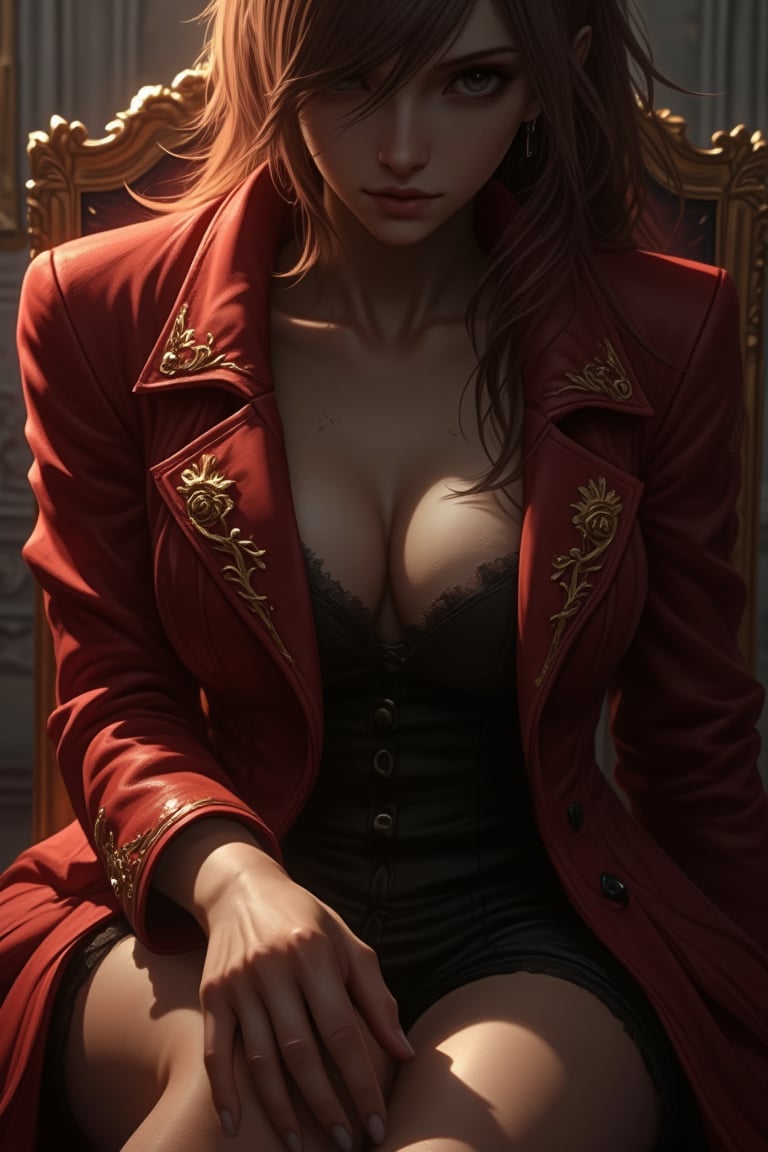 Ezra scarlet, a woman, sit, lean on chair, night, wall, (upper body:1.2), (high angle:1.3), (auburn coat), light from above, gradient light, hard shadow, (photorealistic:1.3), high collar, intricate golden decoration on lapel, reflection, shinny. She wear a small brim, she looks like a mafia boss, expressioness, pale skin, hot body