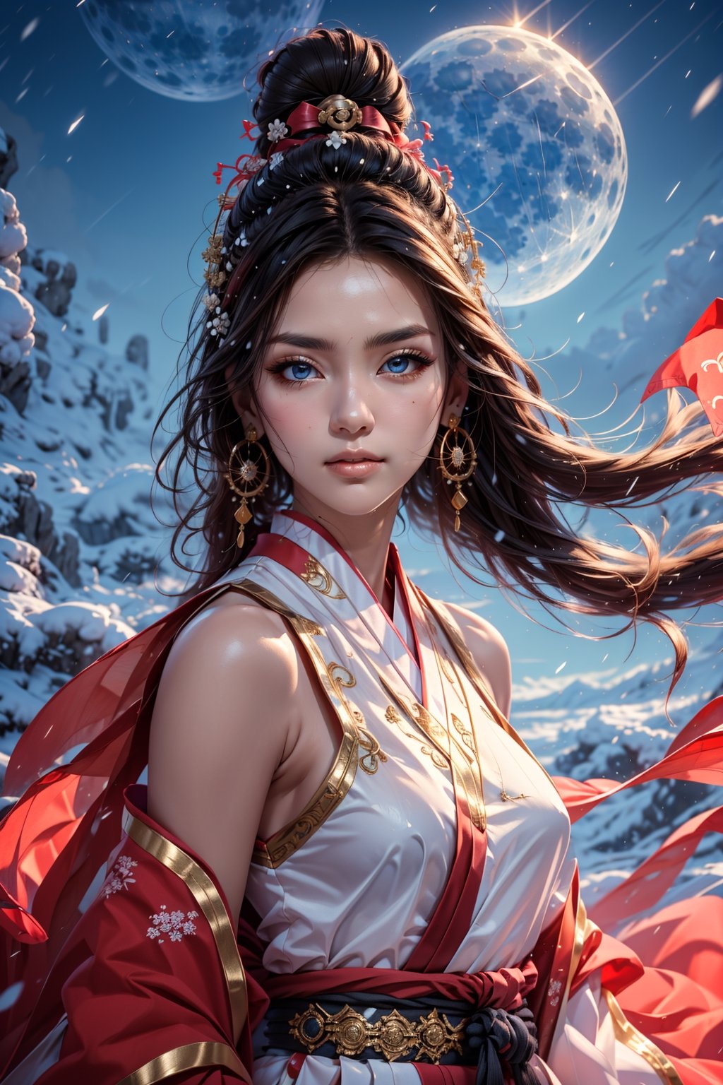 The background is midnight sky,big blue moon,dark night,snow blowing,16 yo, 1 girl,sword,halo,shining bracelet,beautiful hanfu(white, transparent),cape, cloth blowing in wind, solo, {beautiful and detailed eyes}, calm expression, natural and soft light, delicate facial features, cute japanese idol, very small earrings, ((model pose)), Glamor body type, (dark hair:1.2),  beehive,big bun,very_long_hair, hair past hip, curly hair, flim grain, realhands, masterpiece, Best Quality, photorealistic, ultra-detailed, finely detailed, high resolution, perfect dynamic composition, beautiful detailed eyes, eye smile, ((nervous and embarrassed)), sharp-focus, full_body, sexy pose,cowboy_shot,ruanyi0060,yae_miko(genshin impact),Caligraphy