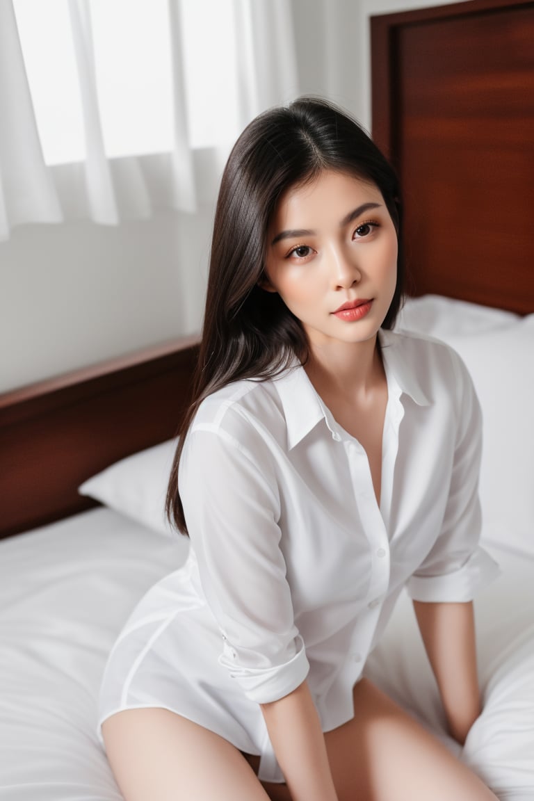 1 girl, realistic, a girl, medium hair, straight hair, look at viewer, high angle, on bed, white shirt, lie, best quality, photography, hot model, asian