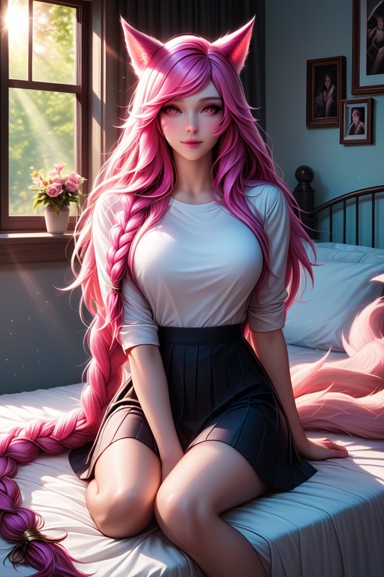 (Masterpiece), (best wallpaper), uhd, ultra detail, hyper realistic.
League of legends Ahri, pink hair, fox ear, long hair,
Bed room, old color photo, sit on bed, white shirt, layer skirt, straight view, romantic, cozy, chill, long hair, braid, sun light, window, light beam, ambient light,BWcomic