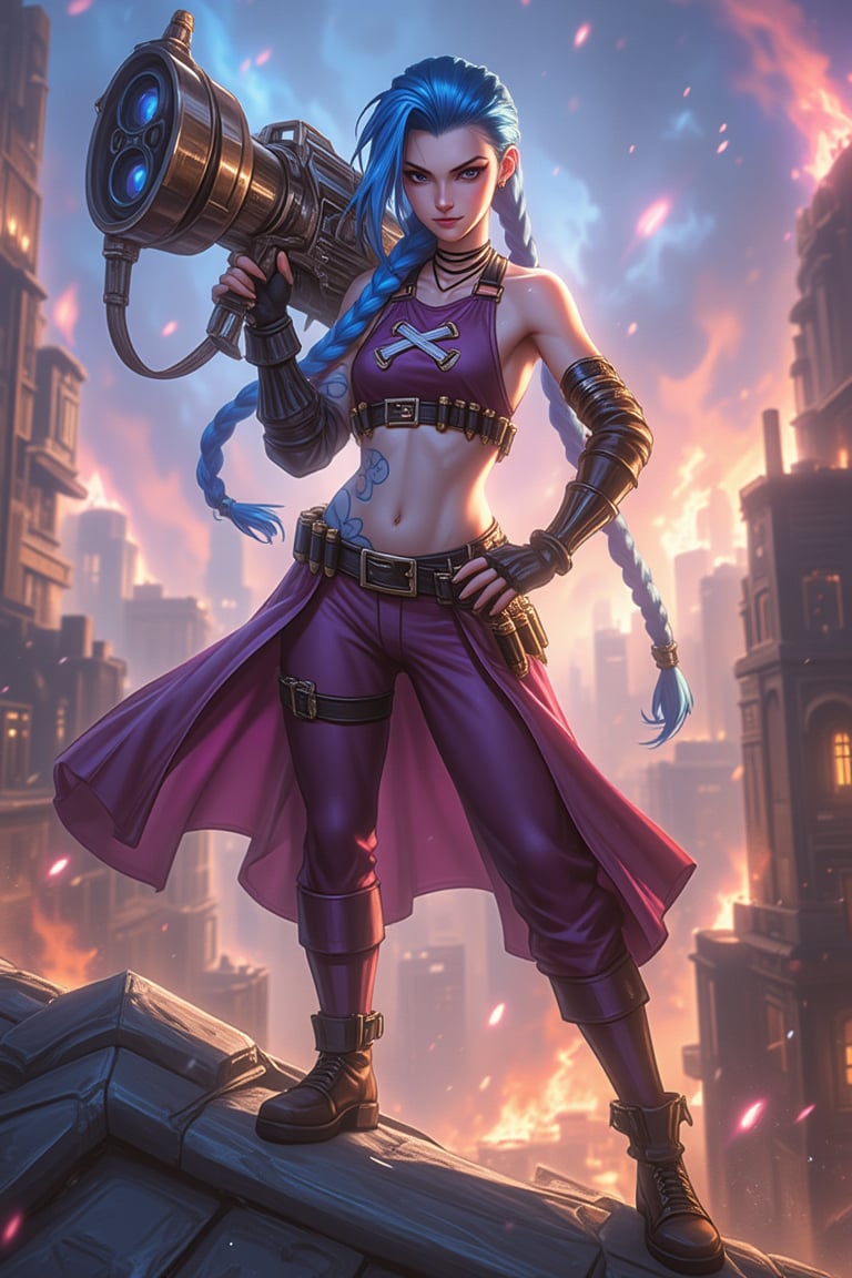 , jinxkaryln,jinx league of legends, a woman in Jinx outfit, (with huge gun on her shoulder:1.2), standing on the roof, (full body), cool pose, bronze buildings, sky, explosions background, burning city, steampunk theme, fiction theme