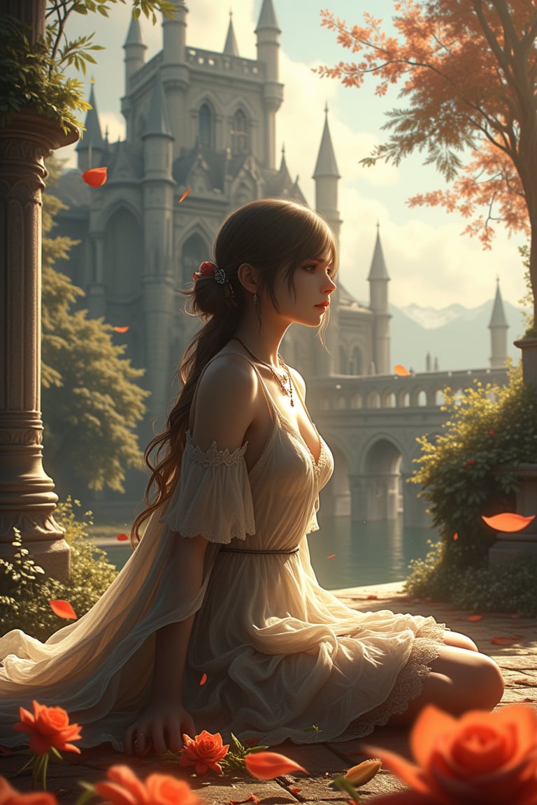 A woman, sit on ground, look up, beautiful face, photorealistic, looking at viewer, camera view from above, high angle, castle background, garden, flowers, flower surround, medieval, fantasy, devil may cry, final fantasy, sun light, ambient light, artistic, cinematic angle, wide flared dress, romantic, petals on the ground, feather flying, angel wings, bow head, emotional face, close eyes, choker, necklace, shoulder armor, rectangle lake lead to the castle,  