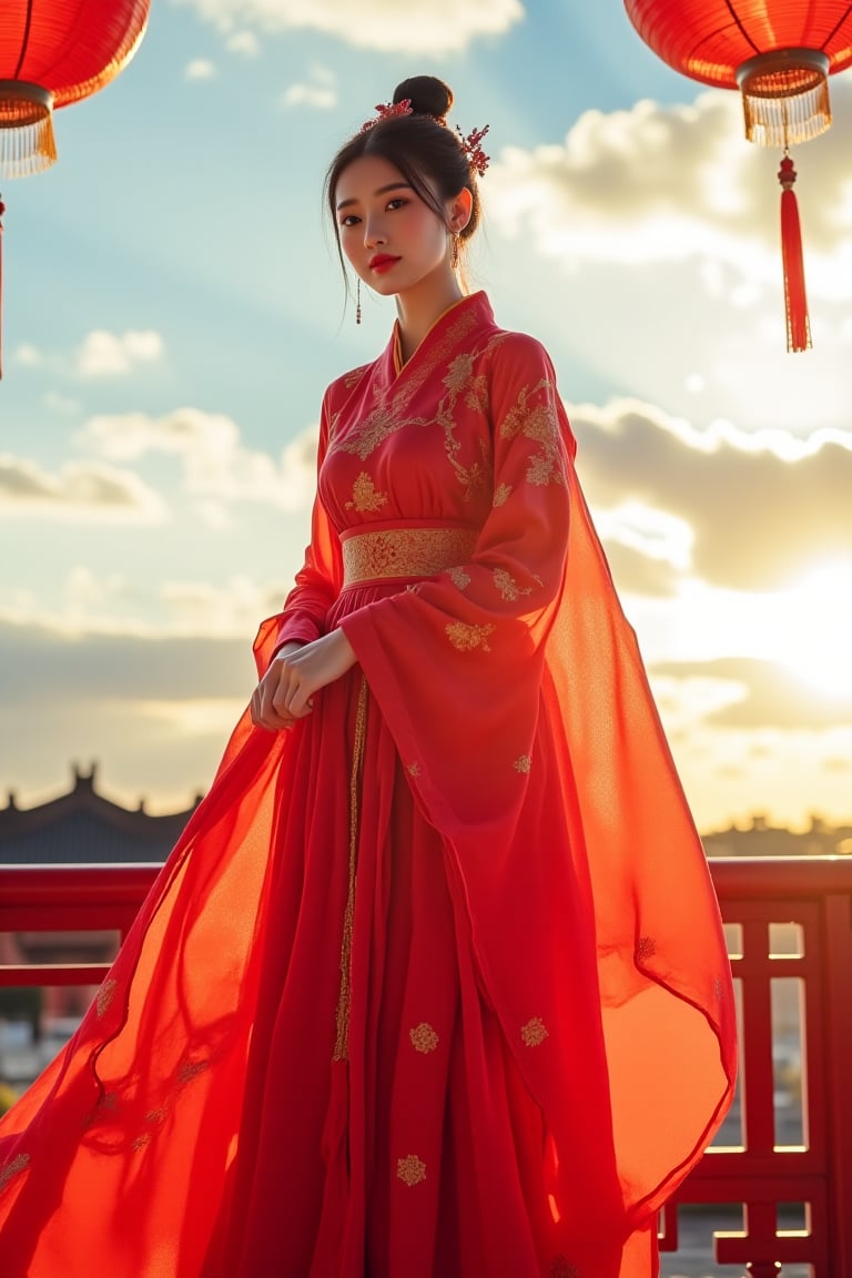 Raw photo, photography, realistic, a woman in red hanfu dress, intricated pattern, (full body shot:1.3), sky, lantern, cloudy, chinese temple roof
Best quality, ultra sharp, high res,PTAIHanfu.
(Side light), bright sky, the woman has a profesional pose for taking photo