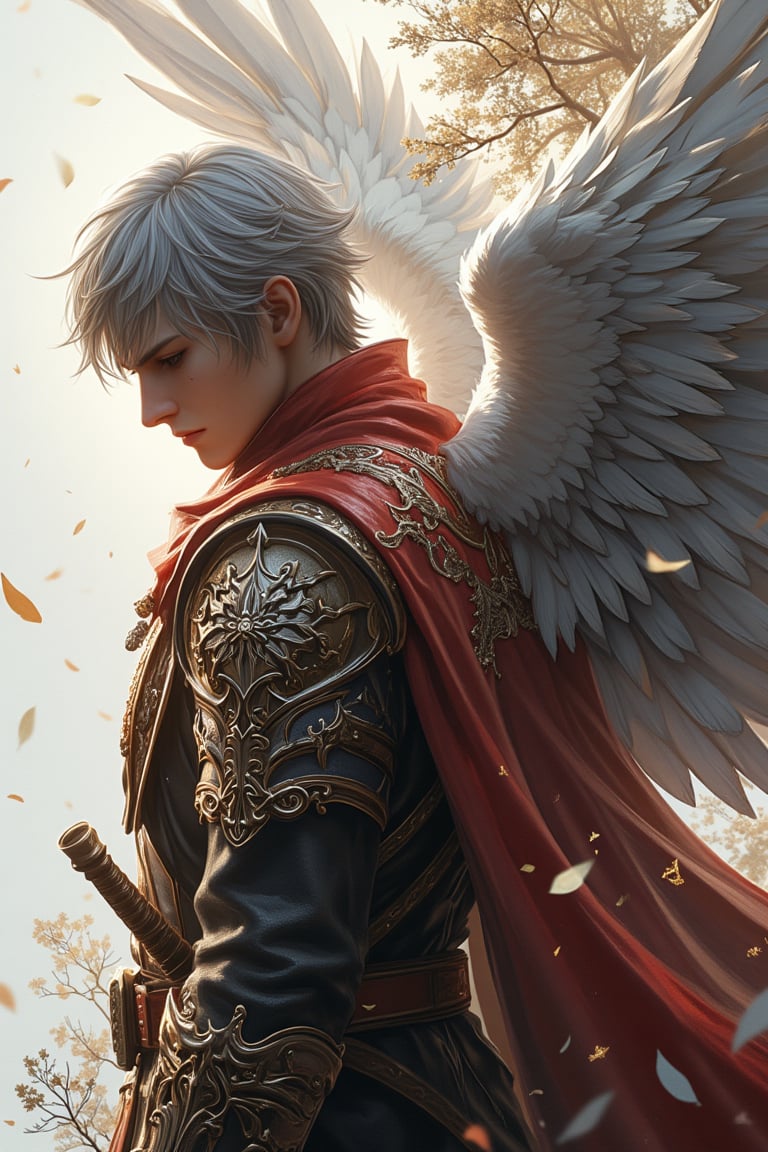 
A man, fighter, sword, (upper body:1.3), side view, portrait, a man looking down and lean on the right border of the scene, (snicker design with white border:1.2), dark red, small brim, short silver hair, (epic heroes:1.2), (detailed outfit), (huge feathers), (wings:1.2), (intricate golden pattern border:1.2), intricate, masterpiece, (2D illustrator:1.2), best quality, highres, girly color, (highly detail).