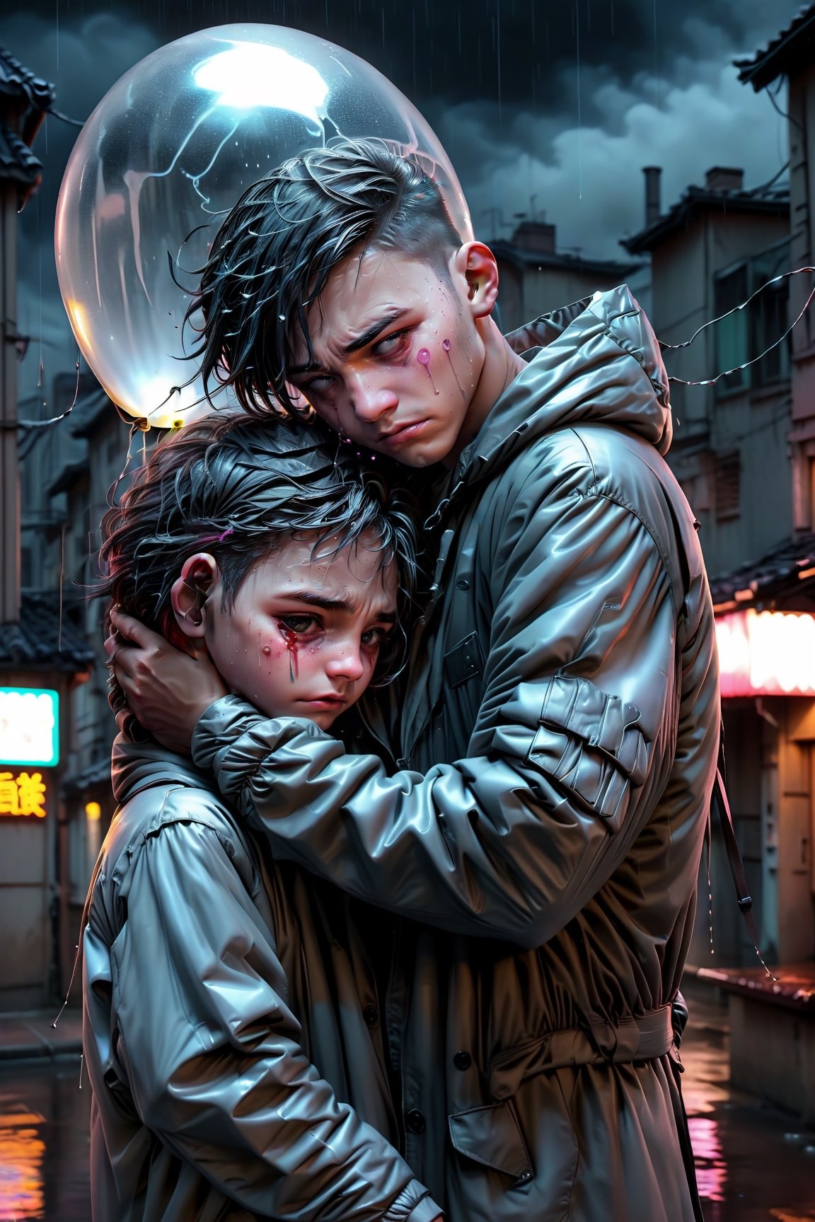 sad boy, hugging a balloon and cry, rain, cyberpunk city, cinmematic, emotional, dark night, raincoat, glowing