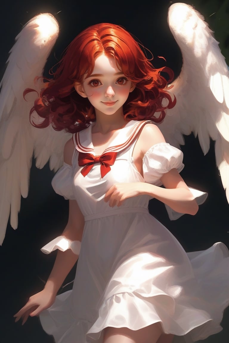 Smile cute girl, red hair, angel, with summer dress, layer dress, white sailor upper body costume. dutch angle, dynamic pose.