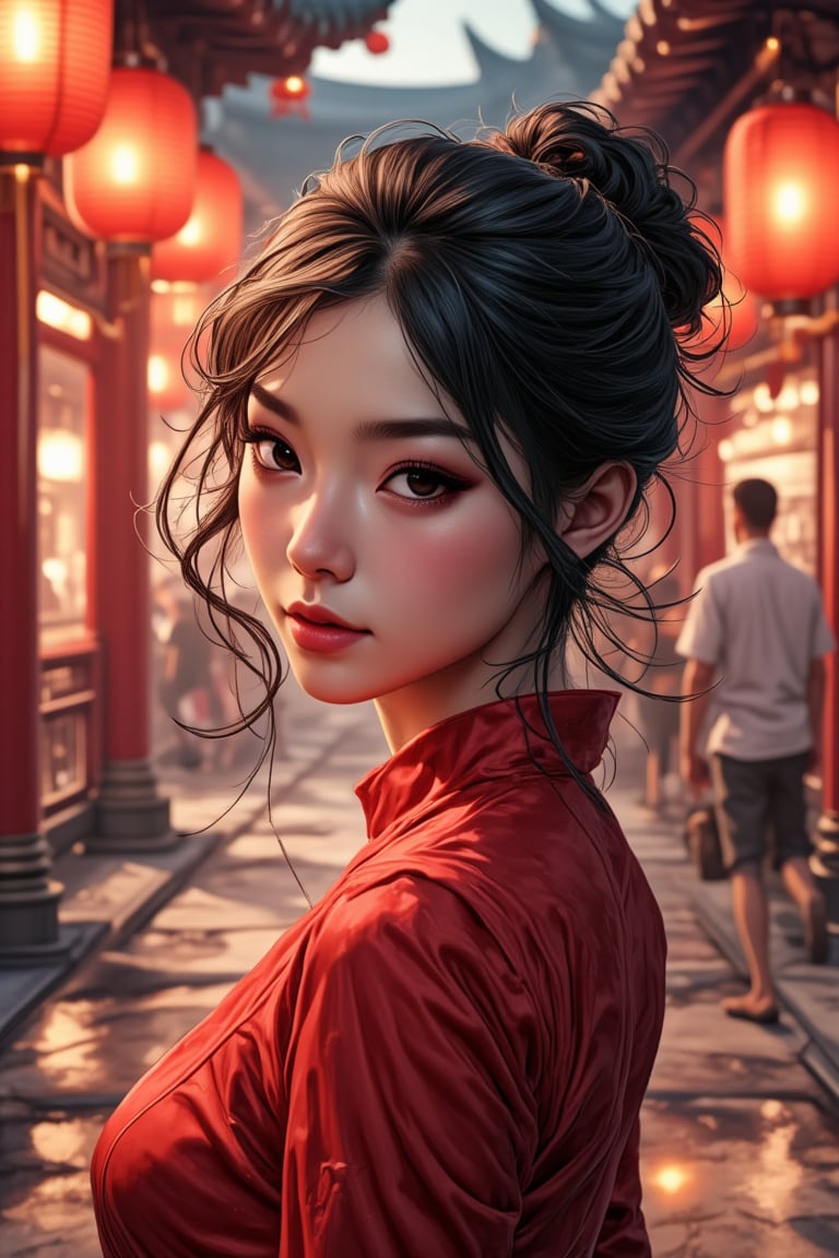 photorealism, (upper body), (portrait:1.2), a woman, beautiful face, red dress, bokeh, Chinese festival street, (nigh street:1.2), depth of field, columns, temple, lanterns. Best quality, uhd, 8k, hyper detailed,PTAIWcomic