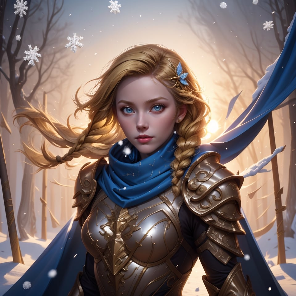 digital painting inspired by WLOP, intricate draw, cut/rip, jaggy, try hard, epic theme, masterpiece, cinematic gradient color, film grain, a female soldier in reflective armor suit, hair braid, dark yellow hair ornament, fur scarf, blue cape, dazzling atmosphere, setting background is an army of thousand man in the form, snow, wind blow, intricate and divnine armor,armor