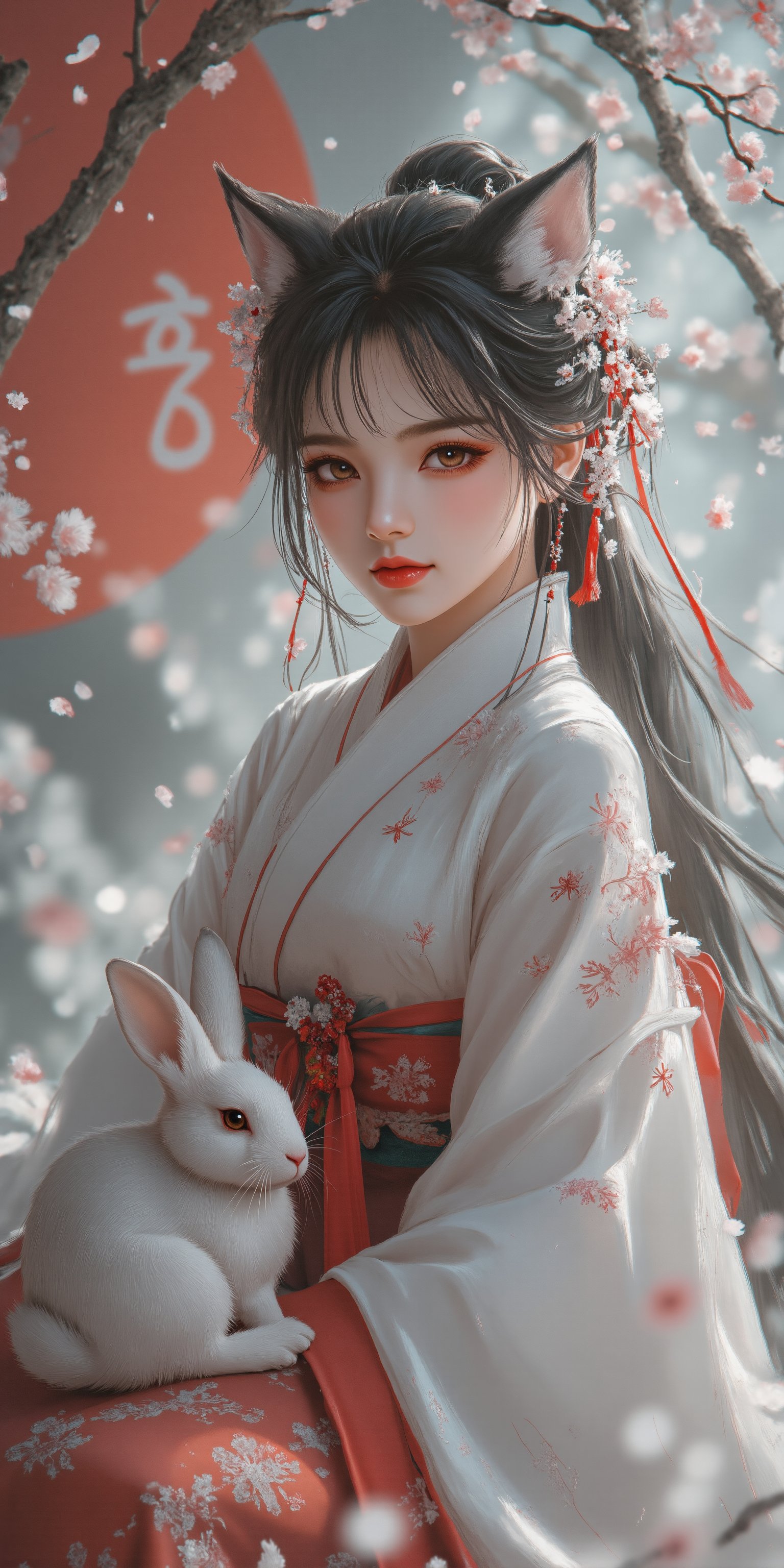 A young woman in a beautiful white kimono sits on a soft, patterned fabric. She is adorned with delicate floral hair ornaments and a red tassel hangs from her waist. Her expression is serene and elegant, her gaze directed towards the viewer. A white rabbit sits beside her, adding a touch of innocence and charm to the scene. The background features a large red circle and a traditional Chinese character, creating a sense of cultural richness and mystique. [Photorealistic portrait, inspired by the works of Annie Leibovitz and Steve McCurry], [Soft, natural light, focus on the woman's face and her elegant pose, blurred background with a sense of depth, textured surfaces, a sense of cultural heritage and beauty], Hanfu, KOLNB, Ahri,Eroflo,PTAIAsianBeauty