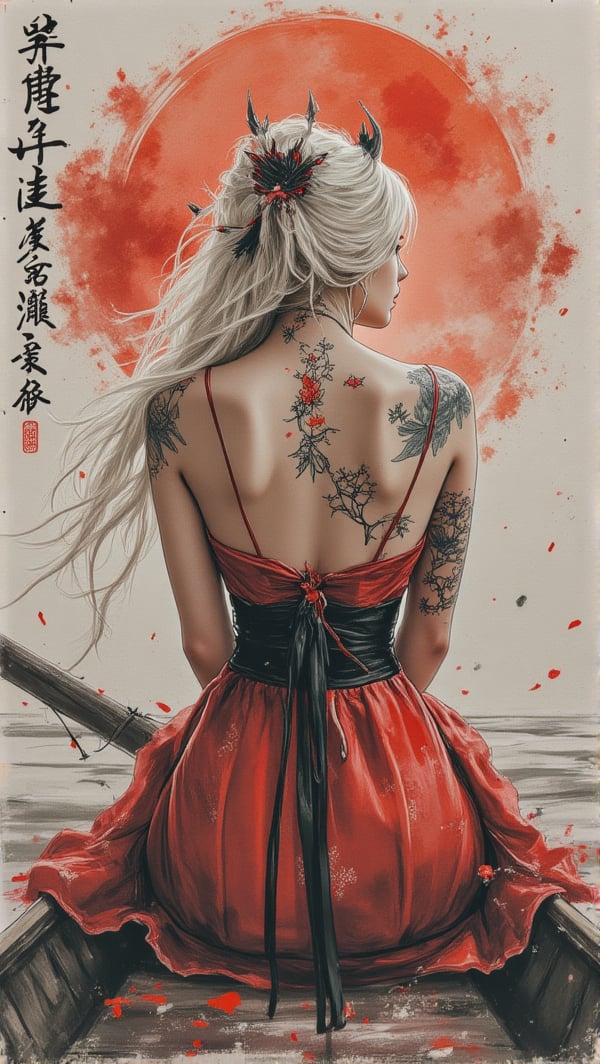 Watercolor masterpiece infused with traditional Chinese brushwork, featuring a mystical and surreal figure in a red velvet, high-waisted short skirt. Her platinum blond hair cascades like flowing mist, entwined with gothic motifs, and delicate, swirling patterns accentuate the fabric. Intricate tattoos of vines and nature spiral across her skin, partially shrouded by ghostly, ethereal wisps that emanate from her form. She sits poised in a narrow wooden boat, gently drifting through a twilight river, the sky burning with the fiery hues of a smog-filled sunset. Above the horizon, cryptic Latin script intermingles with floating Japanese characters, blending with the haze. The scene exudes a futuristic, gothic elegance, surrounded by a smoky atmosphere and illuminated by splashes of vivid, radiant inks, merging ancient calligraphy with modern mystery.,Ahri