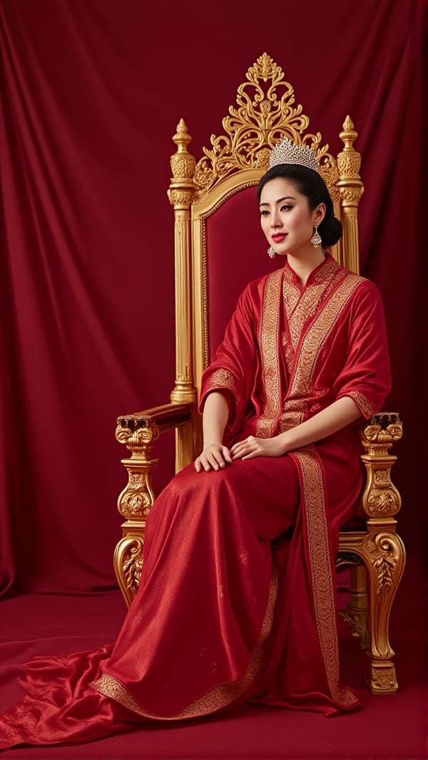 A woman, luxury and noble throne, sit, red carpet, side light, cinematic, intricate golden decoration, crown, royal,PTAIHanfu,Ahri,PTAIAsianbeauty, HKBT_CAKTT,HKBT_TM