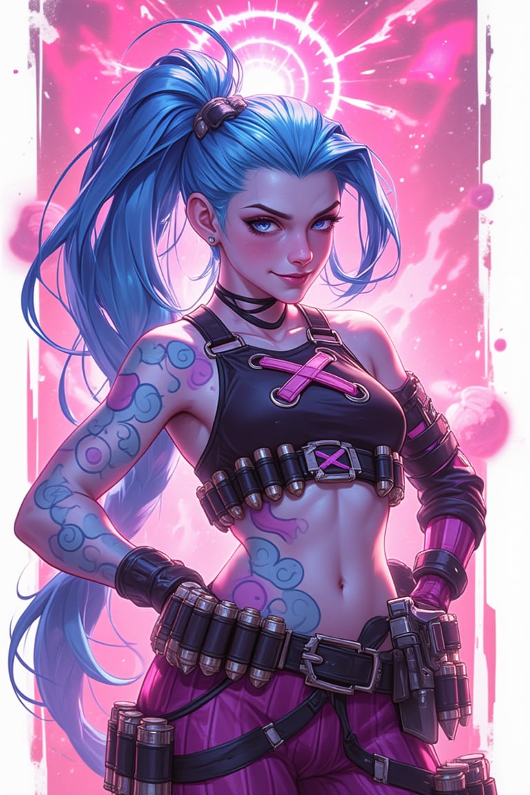 , jinxkaryln,jinx league of legends, a woman, upper body, portrait, (snicker design with white border:1.2), background with hundred of lines shape, pink background, (detailed outfit), smile crazy, (under her body is grenades:1.2), X barrier and (gatling guns:1.2), (huge mushroom shape explosion on the background:1.2), intricate, masterpiece, (2D illustrator:1.2), best quality, highres, girly color, pink pastel background, (highly detail).