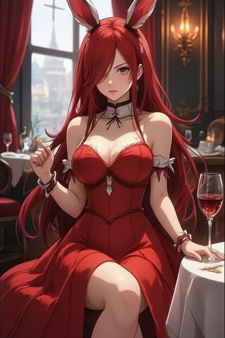 a woman, bunny ear, sit, allure dress, 2 string fashion dress, table dinner, wine glass, cozy room, enjoy face. Ezra scarlet,Eroflo