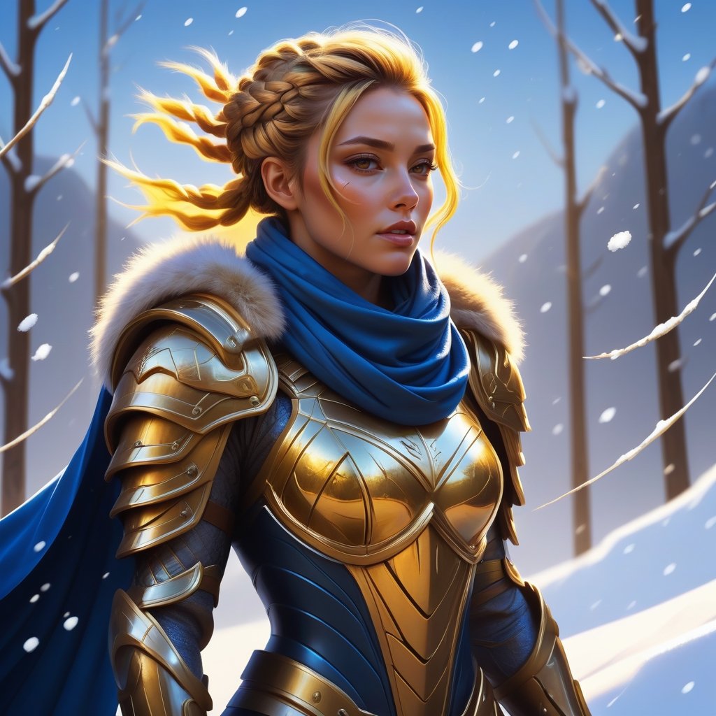 digital painting inspired by WLOP, intricate draw, cut/rip, jaggy, try hard, epic theme, masterpiece, cinematic gradient color, film grain, a female soldier in reflective armor suit, hair braid, dark yellow hair ornament, fur scarf, blue cape, dazzling atmosphere, setting background is an army of thousand man in the form, snow, wind blow, intricate and divnine armor