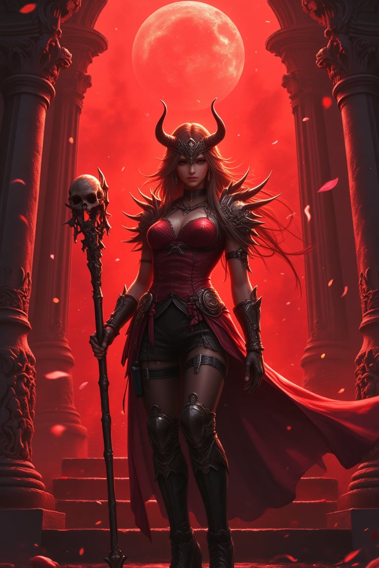 A highly detailed dark fantasy scene featuring a fierce female warrior on grand stone stairs bathed in red light. She has an ethereal, pale complexion with long black hair, wearing a flowing gown adorned with feathers, leather, and gold. A skull helmet with a curved horn and serpent crowns her, symbolizing death. She wields a staff topped with a skull in one hand, while her other hand rests on her hip. Intricate stone carvings glow red beneath a swirling dark red mist, creating a powerful, eerie atmosphere.