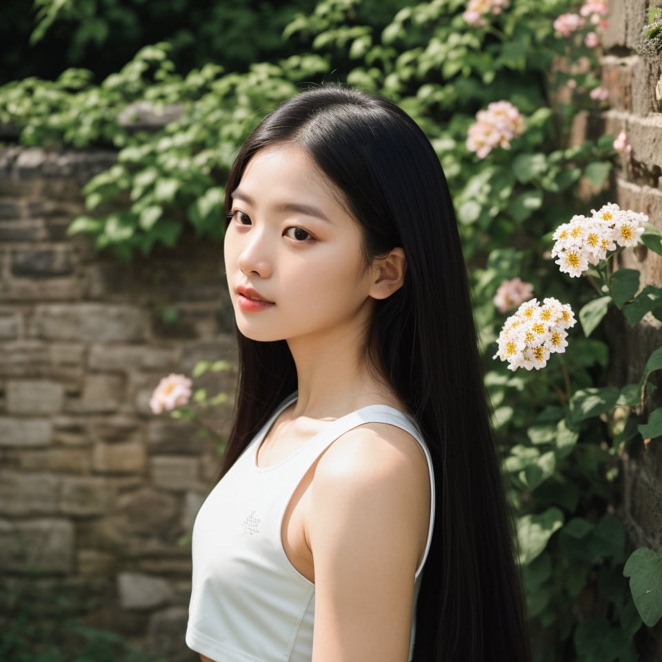 , 1 girl, sporty, croptop,, , long straight hair, lean, (upper body portrait), side angle, photography, light from above, sun light, dim lit, garden, flowers and sunlight, old wall castle, medieval wall, (asian beauty), best face, pretty, beautiful, round face, tranquil, lovely