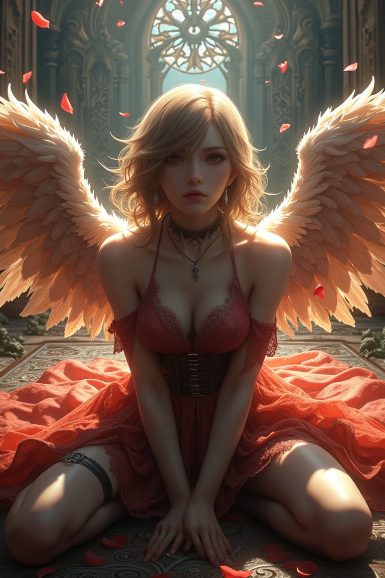 A woman, sit on ground, (look up), (beautiful face:1.2), photorealistic, (looking at viewer), camera view from above, high angle, castle background, garden, flowers, flower surround, medieval, fantasy, devil may cry, final fantasy, sun light, ambient light, artistic, cinematic angle, wide flared dress, romantic, petals on the ground, feather flying, angel wings, bow head, emotional face, close eyes, choker, necklace, shoulder armor, rectangle lake lead to the castle,  