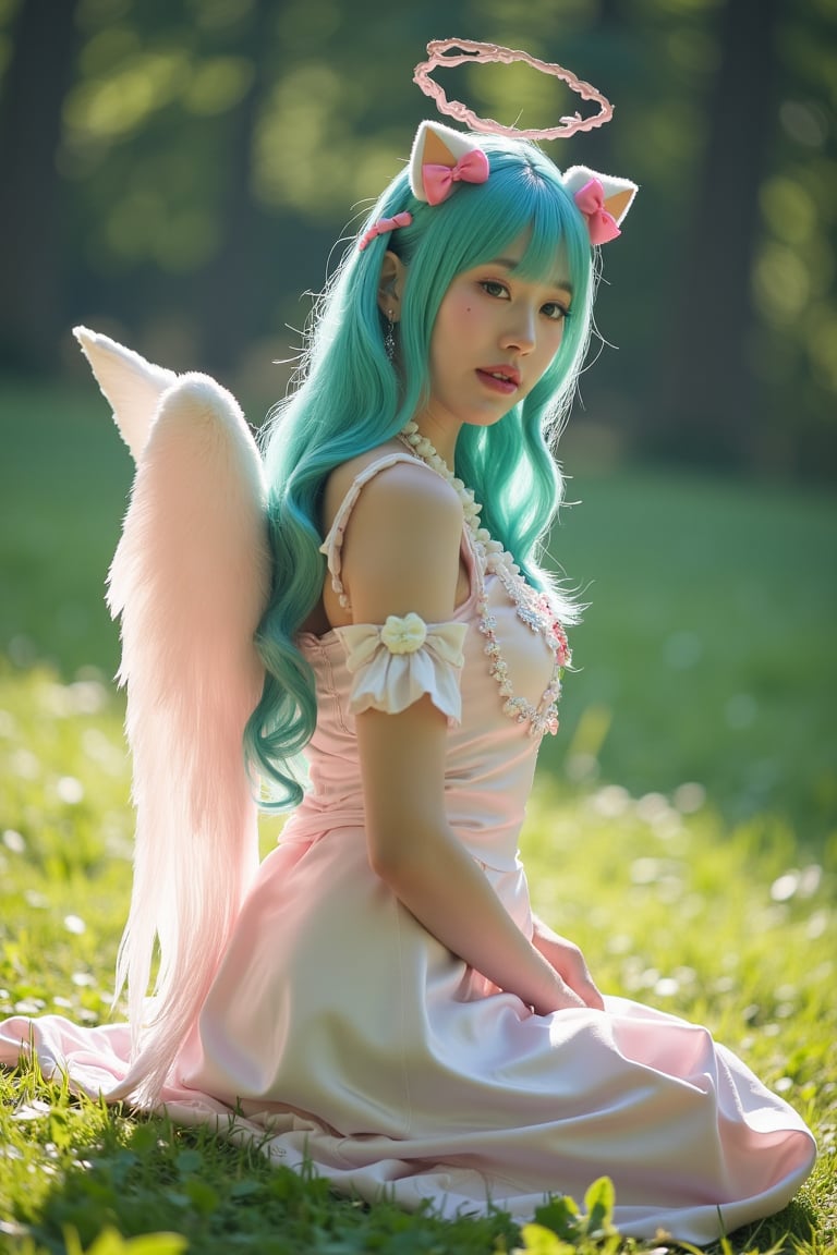 young woman,JWY,  woman, puffed dress, angel wings, side angle, (full body), sit, grass, forest, sunlight, cyan hair, fantasy art, fatasy theme, bow head, sad face