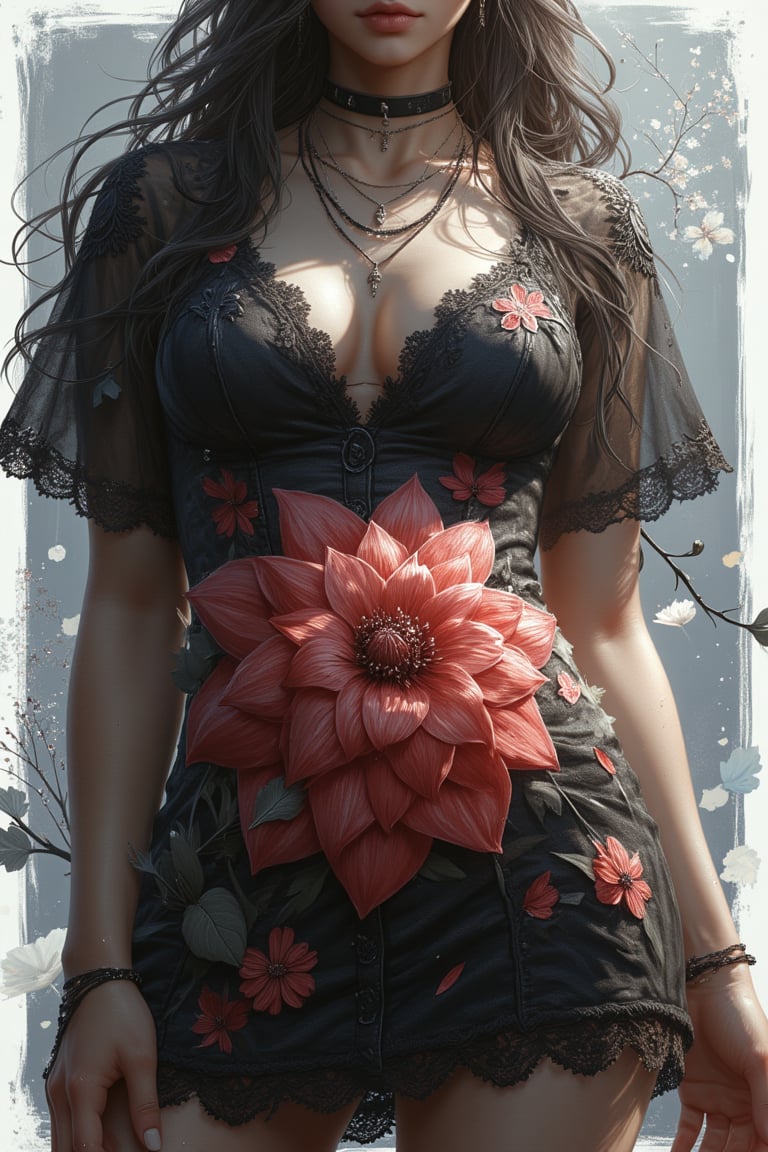 woman, (upper body:1.3), portrait, (snicker design with white border:1.2), black and dark, (serene:1.2), (detailed outfit), (water drops on the glass background:1.2), (huge blooming flower on the belly:1.2), intricate, masterpiece, (2D illustrator:1.2), best quality, highres, girly color, (highly detail).