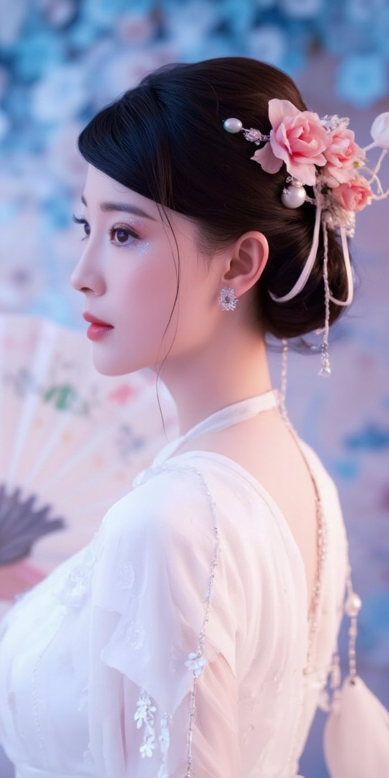 A close-up waist shot of a Asian woman in a white chinese clothes with a silver necklace and earrings. She is holding a white fan with Jade ornaments . The woman's hair is adorned with pink flowers adding a touch of beauty to the scene. creating a soft focus on the woman's face. neon lighting. (cover the background wall with light blue flowers:1.3), (looking at viewer, upper body),PTAIAsianBeauty