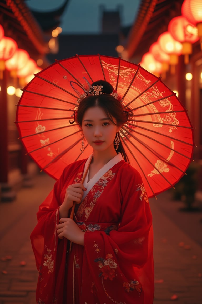 oil painting, (upper body), (portrait:1.2), KOLNB,Hanfu,Eroflo, a woman, beautiful face, red dress, japanese umbrella, bokeh, Chinese festival street, (nigh street:1.2), depth of field, columns, temple, lanterns.
Best quality, uhd, 8k, hyper detailed,RHAngel