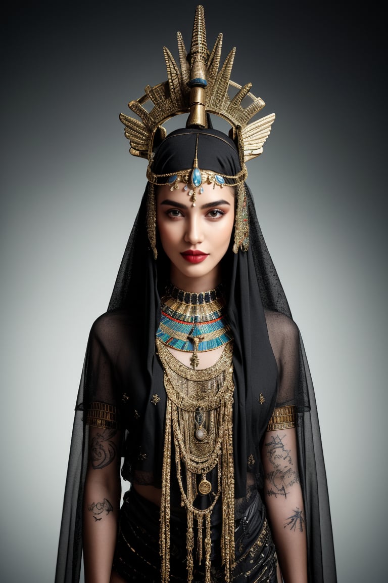 1 girl, high priestess, fashion model pose, ritual stuffs, mysterious region, mysterious tattoo, dark fantasy, head band, egyptian