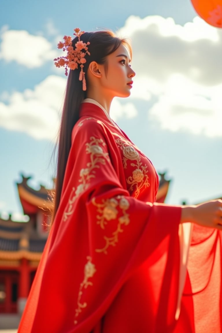 Raw photo, photography, realistic, a woman in red hanfu dress, intricated pattern, (full body shot:1.3), sky, lantern, cloudy, chinese temple roof
Best quality, ultra sharp, high res,PTAIHanfu.
(Side light), bright sky, the woman has a profesional pose for taking photo