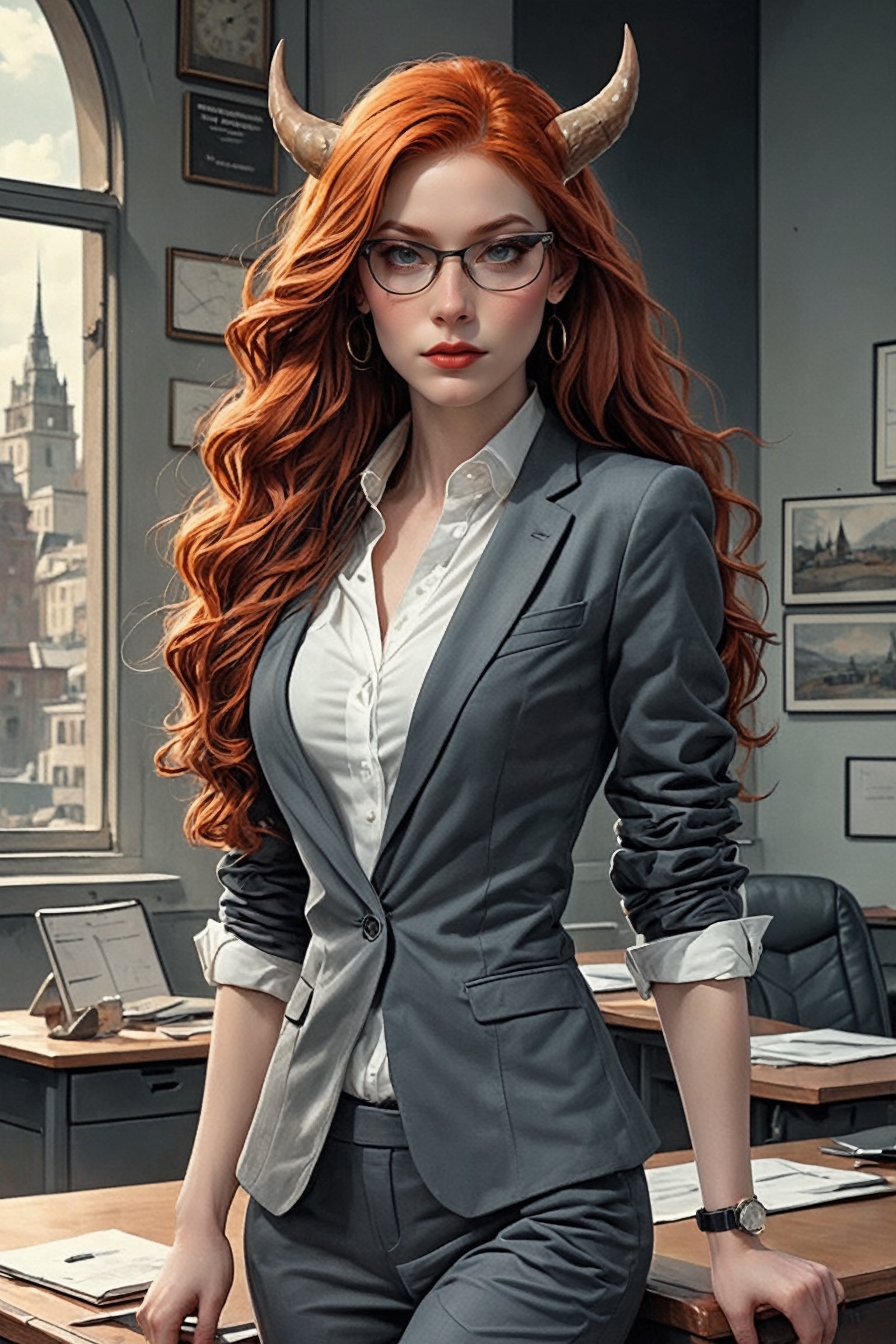 1Little girl, (masterful), albino demon queen, (long intricate horns:1.2),Long red hair,deep cleavage, Girl in a sleek and professional outfit,glasses, embodying the essence of a career woman. She wears a tailored, form-fitting suit in charcoal gray or navy blue, accentuating her slender figure and exuding confidence and authority. Her crisp white blouse adds a touch of elegance, Completing the ensemble are polished heels and subtle yet stylish accessories, such as a sleek briefcase or a statement necklace
,Christmas Fantasy World,ct-niji2,BWcomic