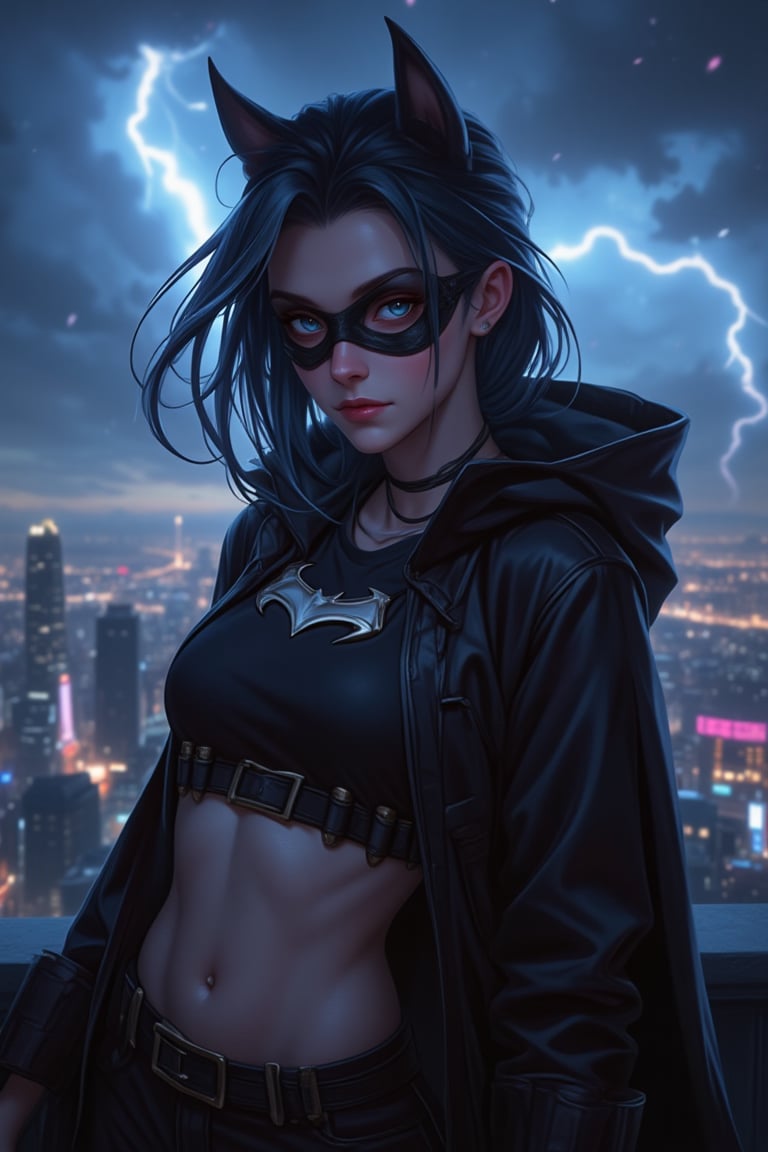 (Photorealistic:1.2), 
Young woman, look at viewer,, JinxKaryln,jinx league of legends, bat girl, black body con outfit, black cape, bat man mask, rooftop, city view, thunder sky, dark night