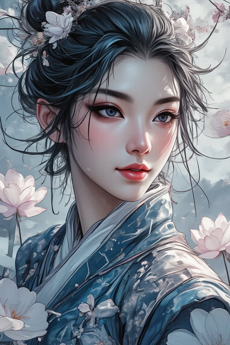 (ancient traditional Chinese lady),(ultra-fine deep Ultramarine HDR),lacquerwork,fusuma picture,extremely delicated and beautiful,8K,faint smile,Matte color,(realistic Style),(beautiful detailed eyes:1.2),Lotus flowers,an indescribable atmosphere,PTAIWcomic,Ahri