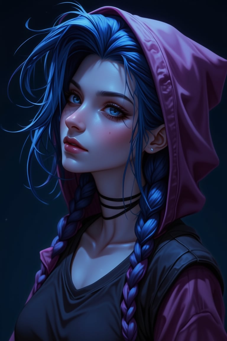 , jinxkaryln,jinx league of legends, cold color tone, lowkey, dark atmosphere, a woman, upper body, bow head, side view, fabric hood, light from above, hard shadow, light line, portrait, dark background. Tranquil face, gradient light