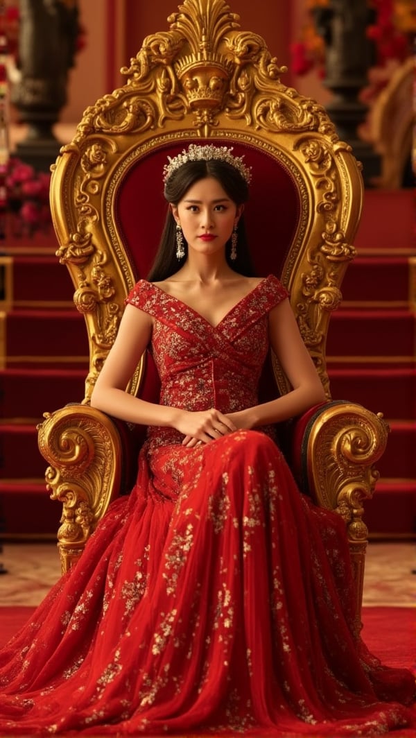 A woman, luxury and noble throne, sit, red carpet, side light, cinematic, intricate golden decoration, crown, royal,PTAIHanfu,Ahri,PTAIAsianbeauty