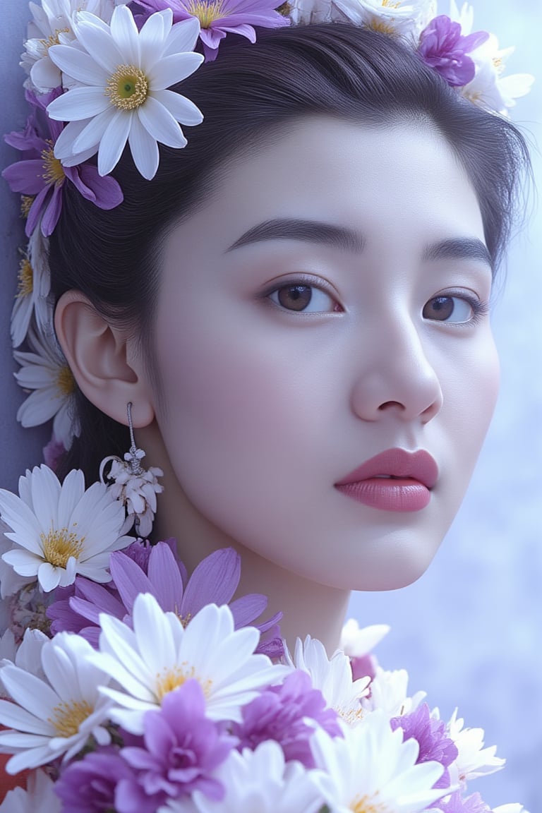 
a head shot of a young Chinese girl covered in white and purple flowers, in the style of cyberpunk realism, charming realism, exaggerated facial features, high resolution, enchanted realism, pale palette,PTAIAsianbeauty,HKBT_LGH