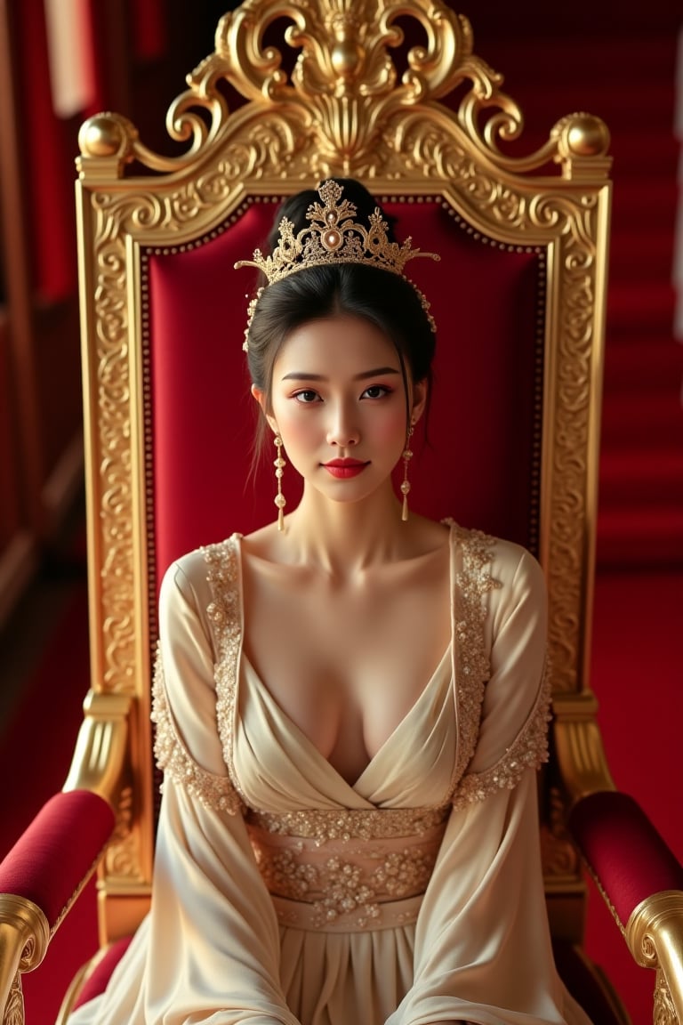 A woman, luxury and noble throne, sit, red carpet, side light, cinematic, intricate golden decoration, crown, royal,PTAIHanfu, KOLNB. Sexy outfit, chest skin, collarbone, traditional cross over, light silk, see through, portrait, cowboy shot, upper body