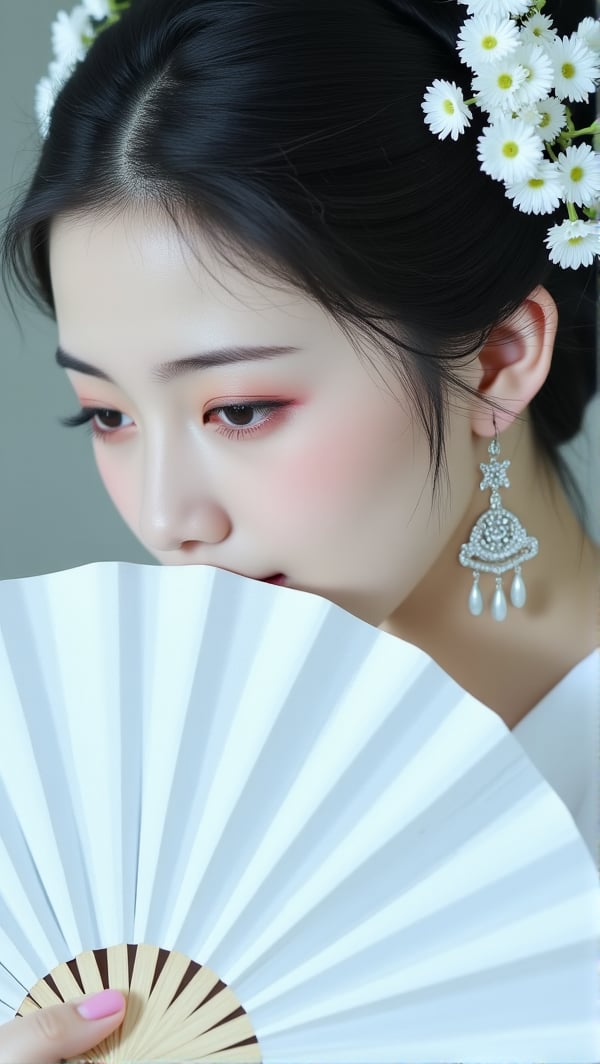 Raw photo, upper body portrait of a Asian woman in a white chinese clothes with a silver necklace and earrings.She is holding a white fan, fan cover her mouth, mouth covered. The woman's hair is adorned with white flowers adding a touch of beauty to the scene. The background is blurred creating a soft focus on the woman's face.neon lighting,PTAIHanfu