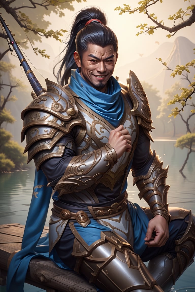 Yasuo, in the cozy chinese lake, fishing, sitting, ponytail, shoulder plate, armor, blue scarf, confident smile, muscular, 6 packs, strong man