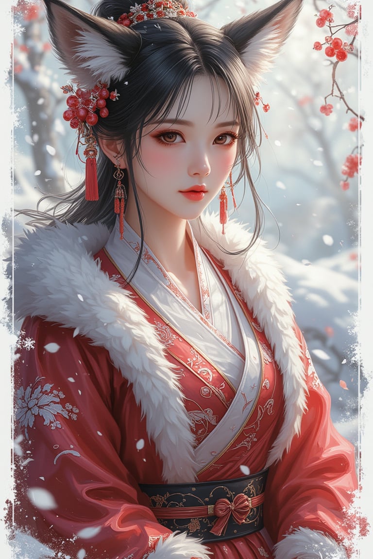 woman, (upper body:1.3), portrait, (snicker design with white border:1.2), dark red and white, (serene:1.2), (detailed outfit), (snow fall on the glass background:1.2), (fox tail), grape, intricate, masterpiece, (2D illustrator:1.2), best quality, highres, girly color, (highly detail).,Hanfu