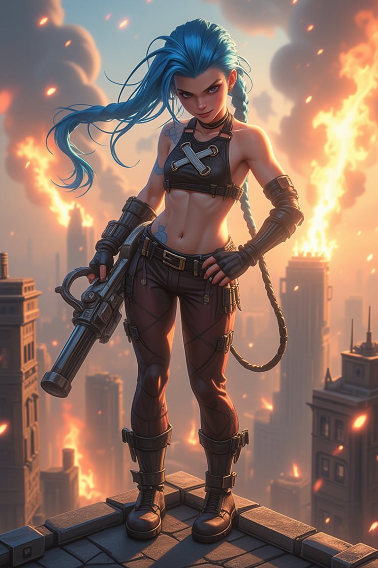 , jinxkaryln,jinx league of legends, a woman, (with huge hang gun on her hip:1.2), standing on the roof, (full body), cool pose, smile crazy, bronze buildings, sky, explosions background, burning city, steampunk theme, fiction theme