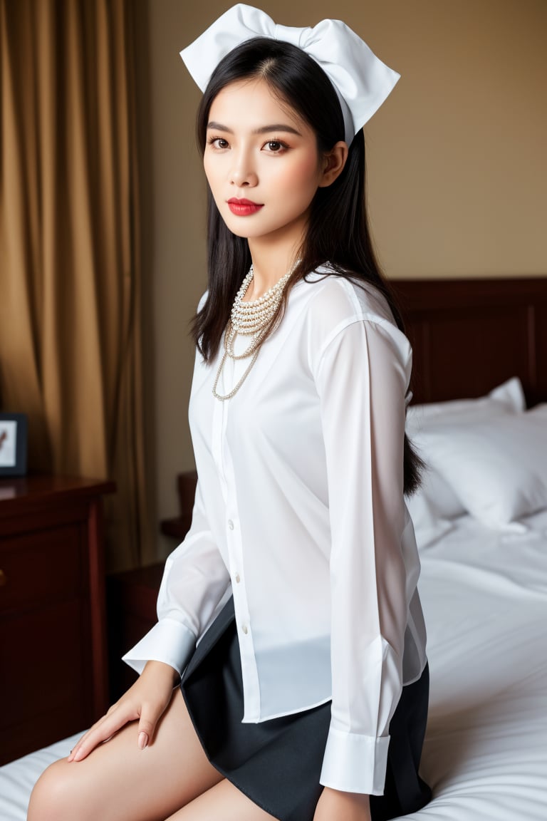 realistic,1 girl, Vietnamese woman, long straight hair, Black skirt, white shirt, head band, necklace, bedroom