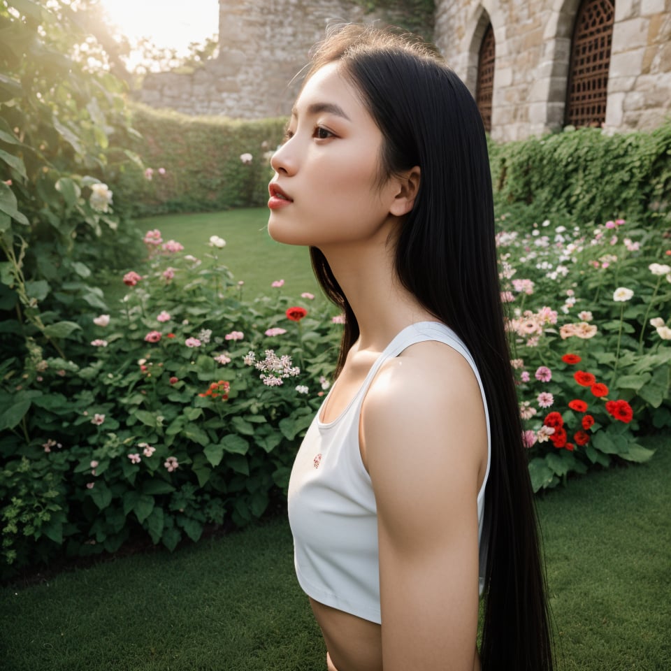 Raw photo, realistic, 1 girl, sporty, croptop,, , long straight hair, lean, (upper body portrait), side angle, photography, light from above, sun light, dim lit, garden, flowers and sunlight, old wall castle, medieval wall, (asian beauty), hot model, best face, pretty, beautiful, 